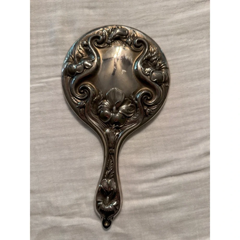 Vintage Art Nouveau Silver Tone Floral Hand Mirror Ornate Hibiscus Scroll Vanity